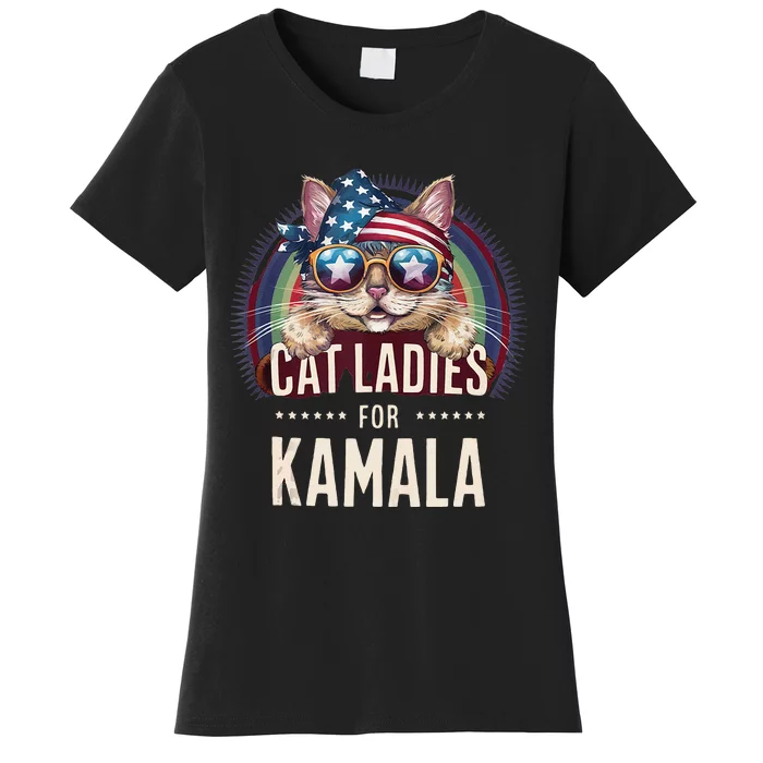 Cat With American Flag Bandana Cat Ladies For Kamala Rainbow Lgbt Women's T-Shirt