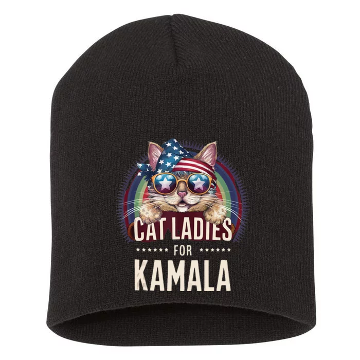 Cat With American Flag Bandana Cat Ladies For Kamala Rainbow Lgbt Short Acrylic Beanie