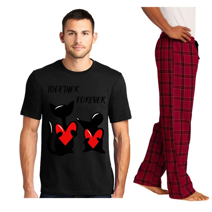 Cat with a mouse holding hearts in their paws. Pajama Set