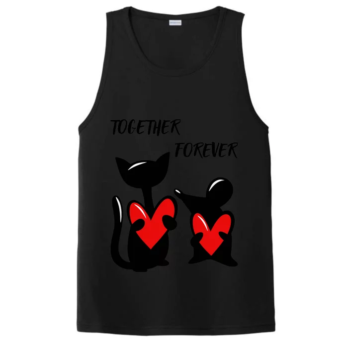 Cat with a mouse holding hearts in their paws. Performance Tank