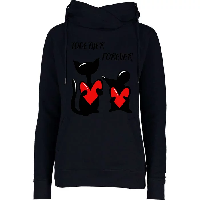 Cat with a mouse holding hearts in their paws. Womens Funnel Neck Pullover Hood