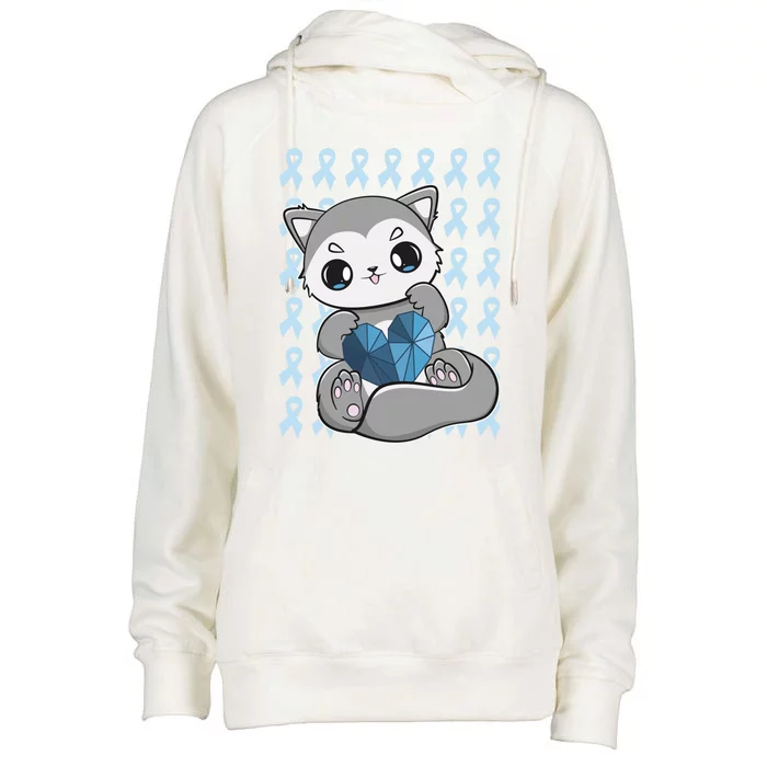 Cute Wolf And Blue Ribbon For Diabetes Awareness Gift Womens Funnel Neck Pullover Hood