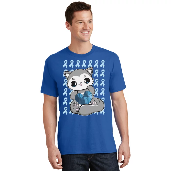 Cute Wolf And Blue Ribbon For Diabetes Awareness Gift T-Shirt