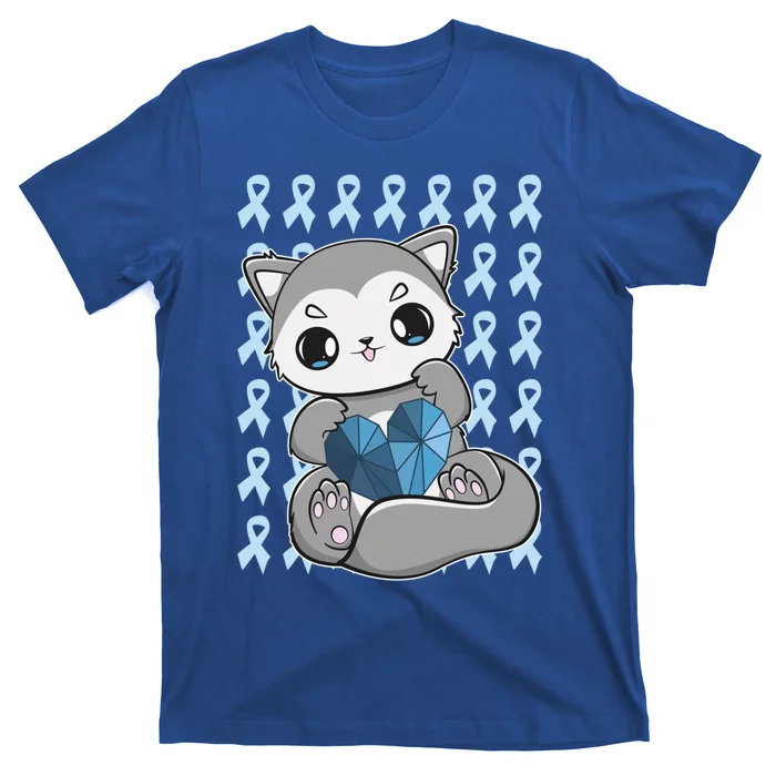 Cute Wolf And Blue Ribbon For Diabetes Awareness Gift T-Shirt