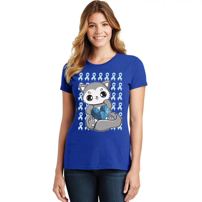 Cute Wolf And Blue Ribbon For Diabetes Awareness Gift Women's T-Shirt