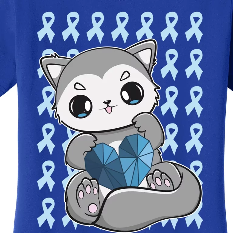 Cute Wolf And Blue Ribbon For Diabetes Awareness Gift Women's T-Shirt