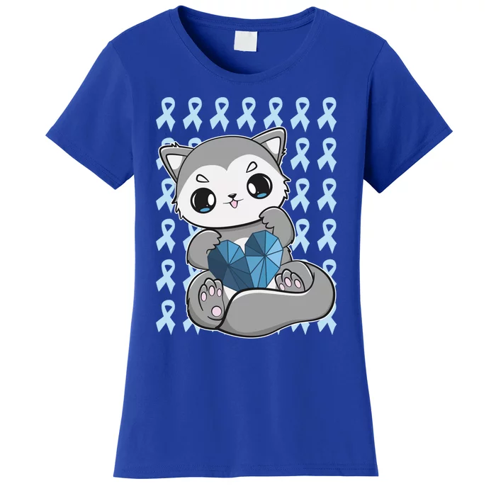 Cute Wolf And Blue Ribbon For Diabetes Awareness Gift Women's T-Shirt