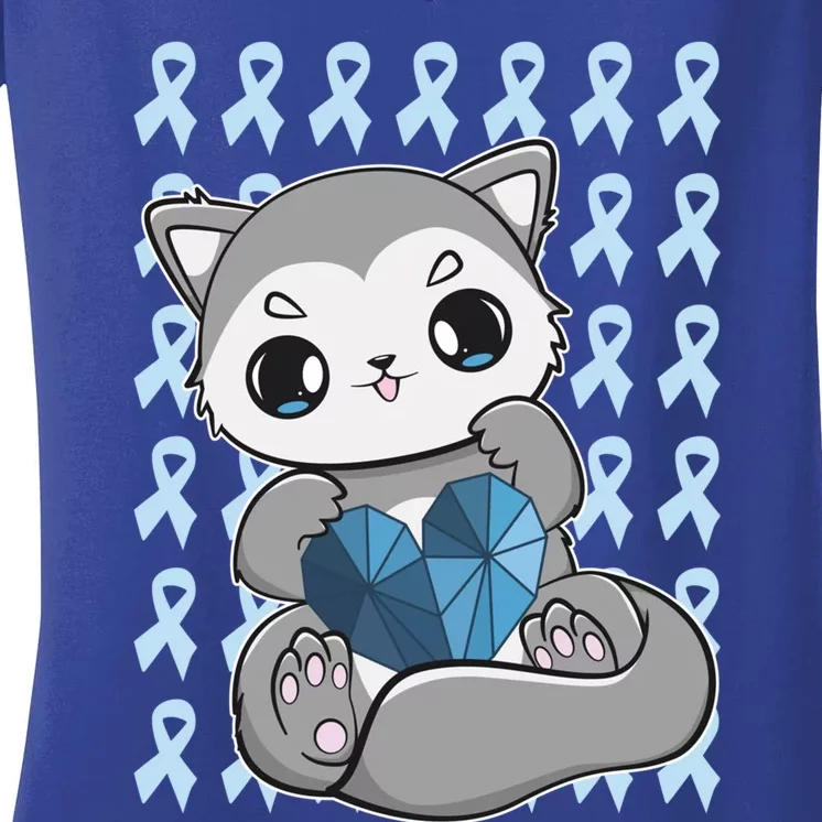 Cute Wolf And Blue Ribbon For Diabetes Awareness Gift Women's V-Neck T-Shirt