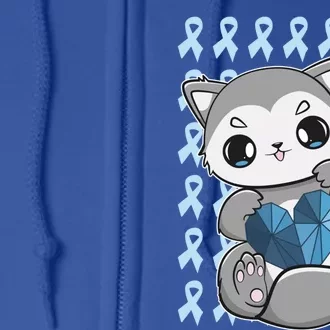 Cute Wolf And Blue Ribbon For Diabetes Awareness Gift Full Zip Hoodie