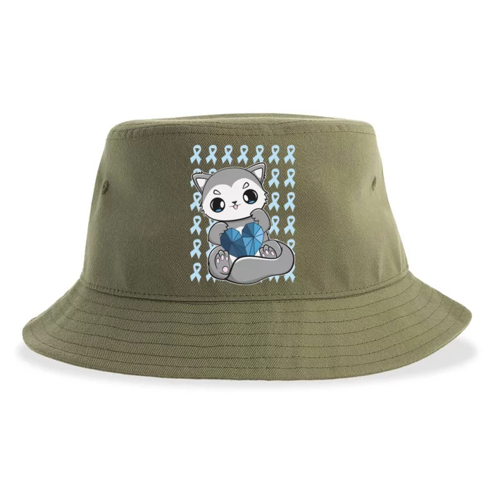 Cute Wolf And Blue Ribbon For Diabetes Awareness Gift Sustainable Bucket Hat