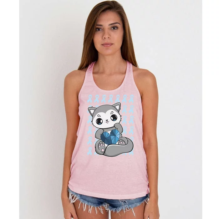 Cute Wolf And Blue Ribbon For Diabetes Awareness Gift Women's Knotted Racerback Tank