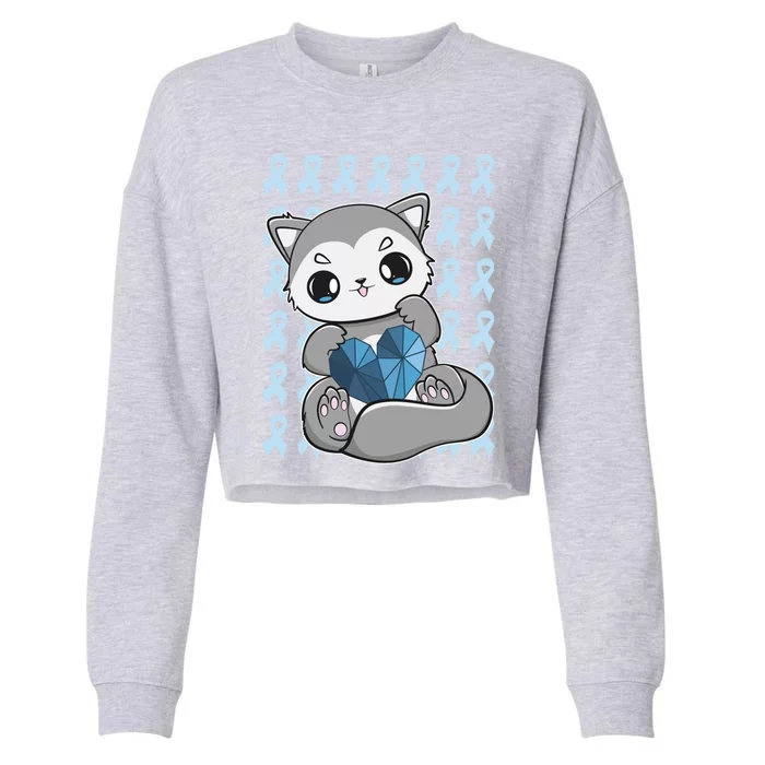 Cute Wolf And Blue Ribbon For Diabetes Awareness Gift Cropped Pullover Crew