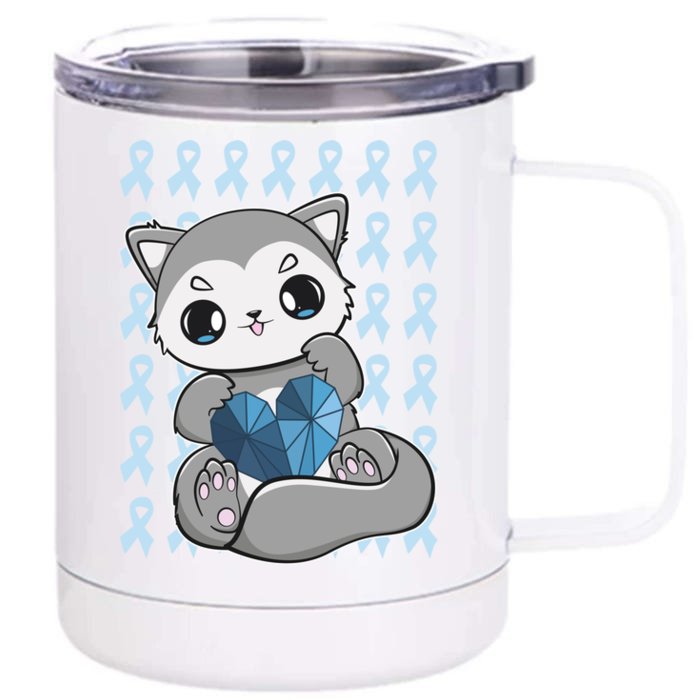 Cute Wolf And Blue Ribbon For Diabetes Awareness Gift Front & Back 12oz Stainless Steel Tumbler Cup