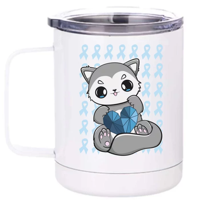 Cute Wolf And Blue Ribbon For Diabetes Awareness Gift Front & Back 12oz Stainless Steel Tumbler Cup