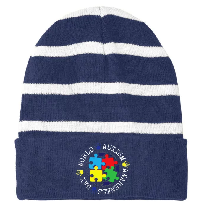 Cute World Autism Awareness Day Puzzle Piece Teacher Gift Striped Beanie with Solid Band