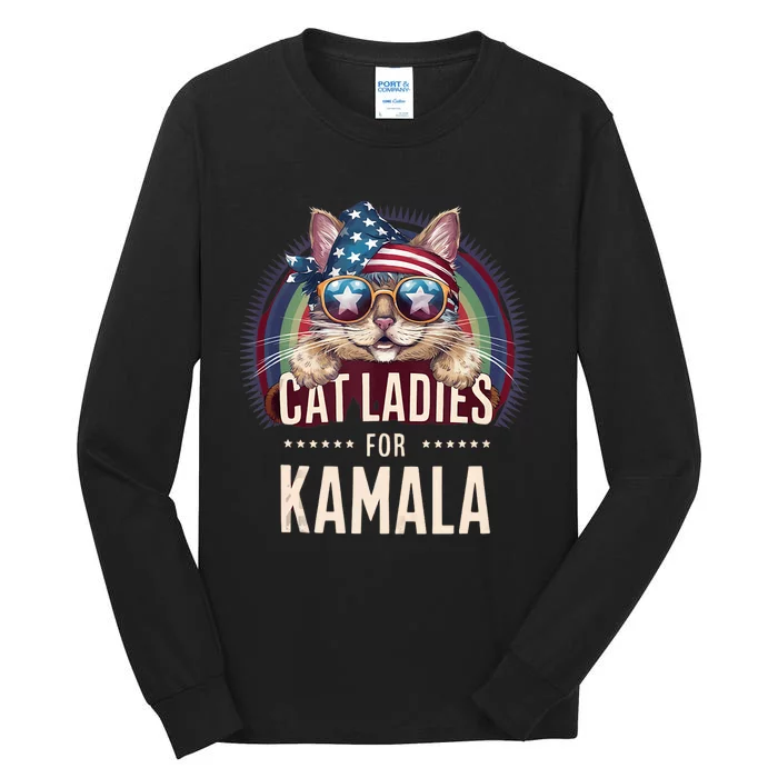 Cat With American Flag Bandana Cat Ladies For Kamala Tall Long Sleeve T-Shirt