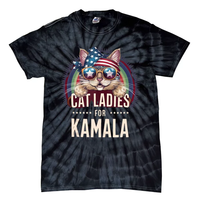 Cat With American Flag Bandana Cat Ladies For Kamala Tie-Dye T-Shirt