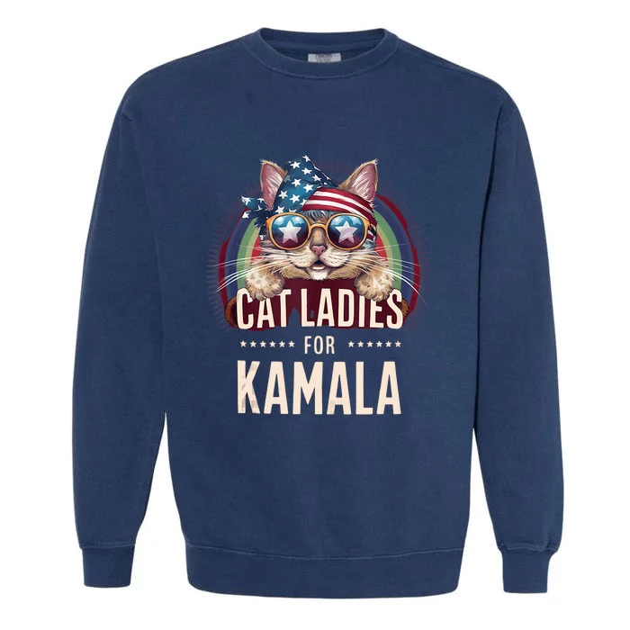 Cat With American Flag Bandana Cat Ladies For Kamala Garment-Dyed Sweatshirt