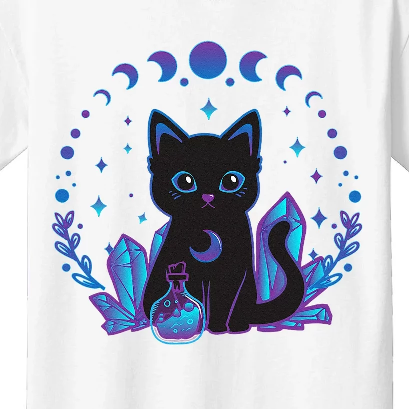 Cute Witchy Black Cat Crystal Alchemy Kawaii Pastel Goth Kids T-Shirt