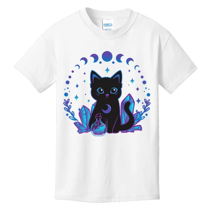 Cute Witchy Black Cat Crystal Alchemy Kawaii Pastel Goth Kids T-Shirt