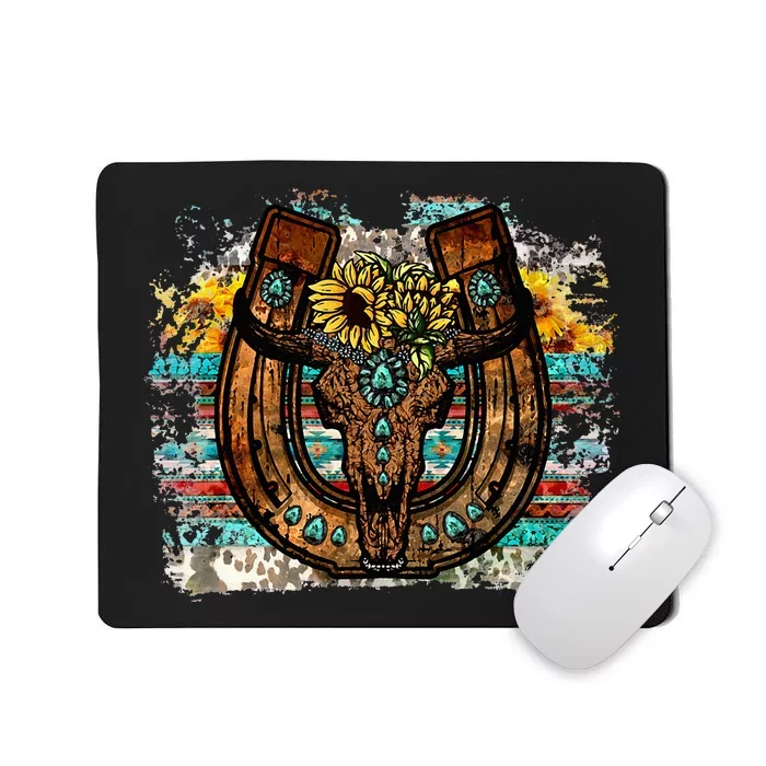 Cute Western Bull Sunflower Horseshoe For Women Country Boho Mousepad