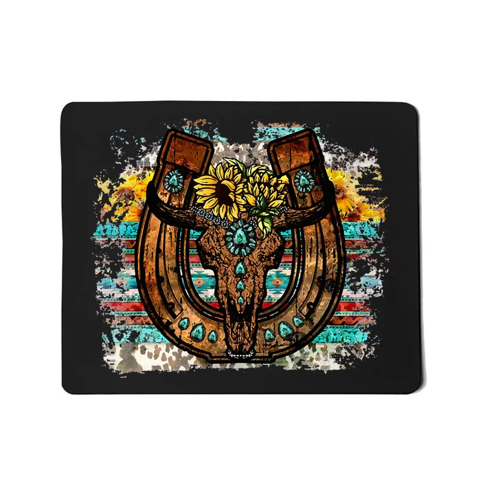 Cute Western Bull Sunflower Horseshoe For Women Country Boho Mousepad