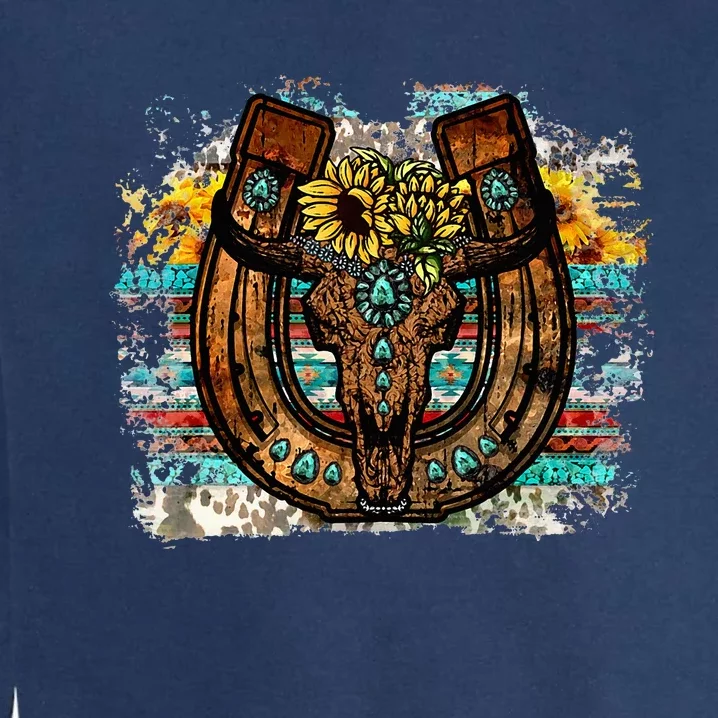 Cute Western Bull Sunflower Horseshoe For Women Country Boho Garment-Dyed Sweatshirt