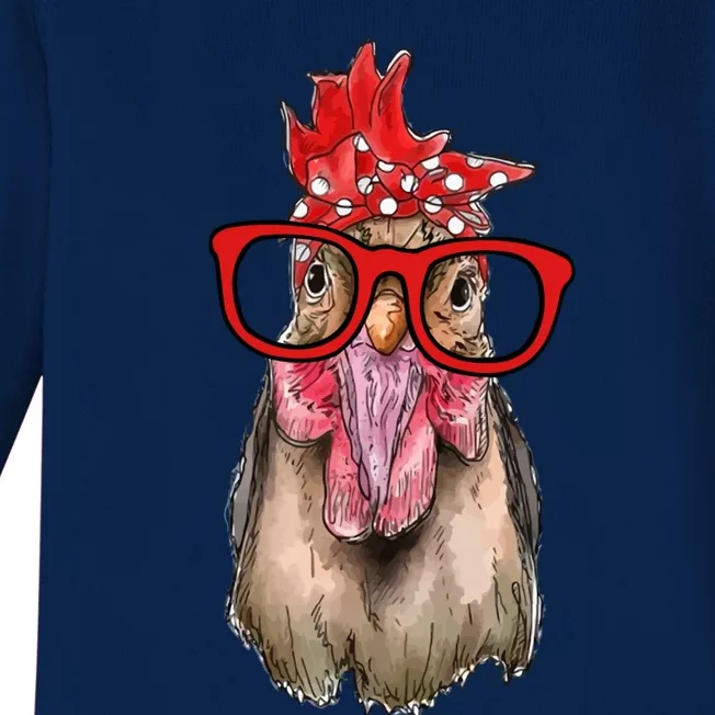 Chicken With Bandana Headband And Glasses Cool Chickens Gift Baby Long Sleeve Bodysuit