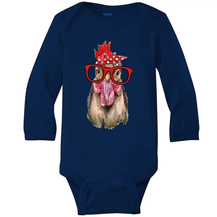 Chicken With Bandana Headband And Glasses Cool Chickens Gift Baby Long Sleeve Bodysuit