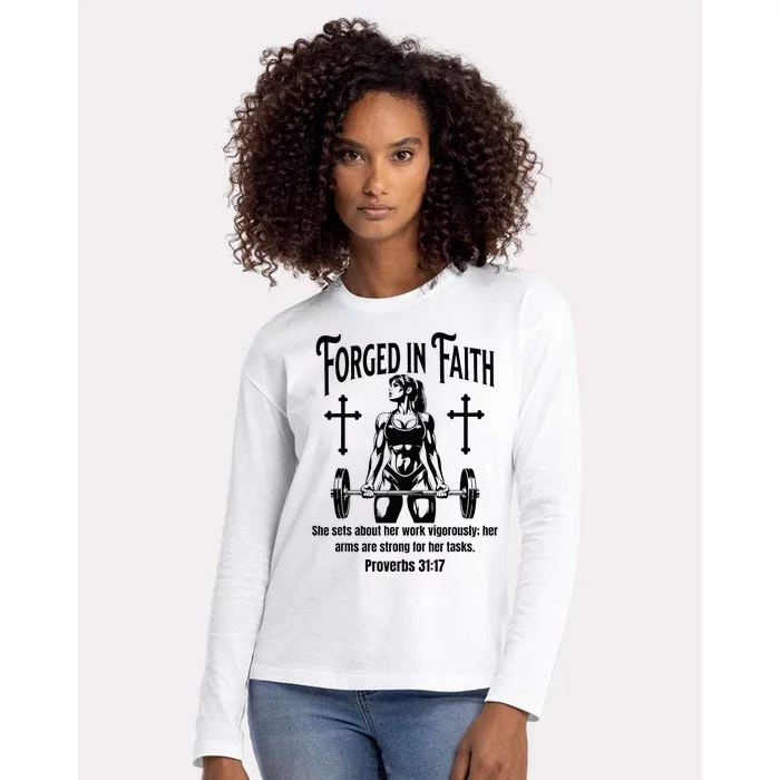 Christian Woman Bodybuilder Forged In Faith Womens Cotton Relaxed Long Sleeve T-Shirt