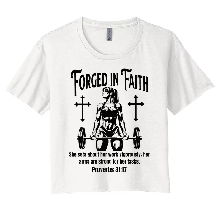 Christian Woman Bodybuilder Forged In Faith Women's Crop Top Tee