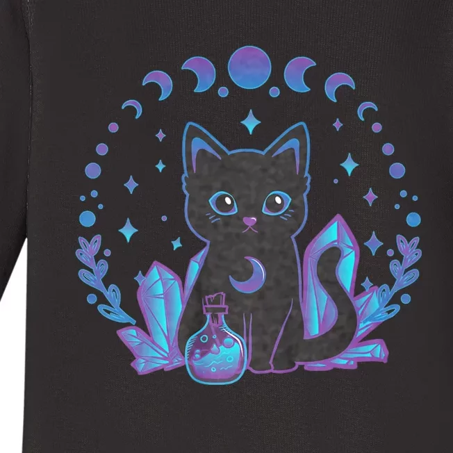 Cute Witchy Black Cat Crystal Alchemy Kawaii Pastel Goth Baby Long Sleeve Bodysuit