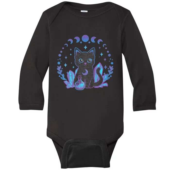 Cute Witchy Black Cat Crystal Alchemy Kawaii Pastel Goth Baby Long Sleeve Bodysuit