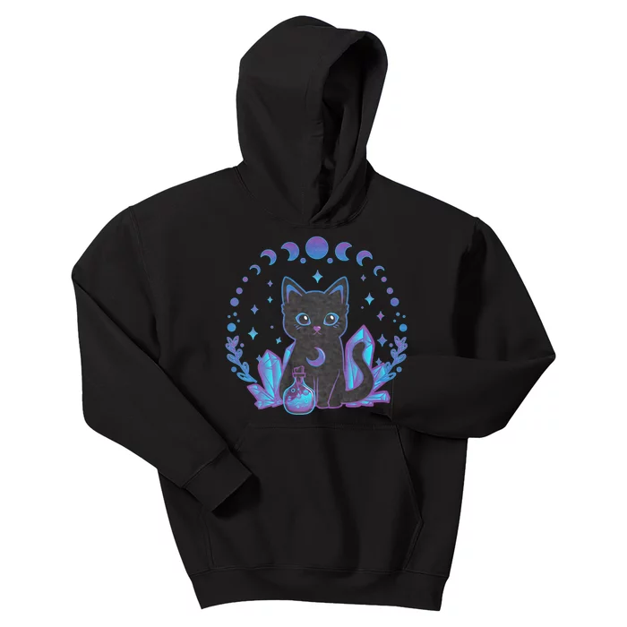 Cute Witchy Black Cat Crystal Alchemy Kawaii Pastel Goth Kids Hoodie