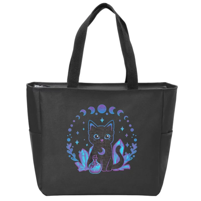 Cute Witchy Black Cat Crystal Alchemy Kawaii Pastel Goth Zip Tote Bag