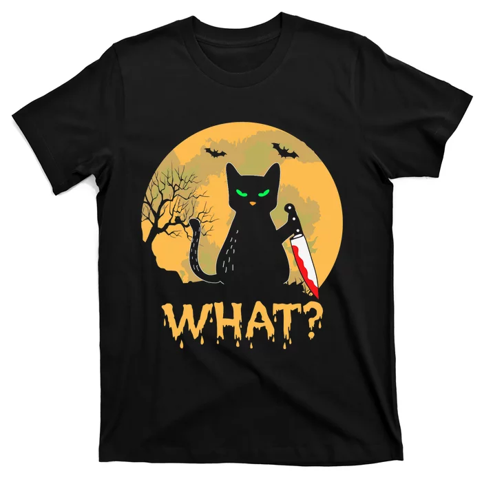 Cat What? Black Cat With Knife Halloween Costume T-Shirt