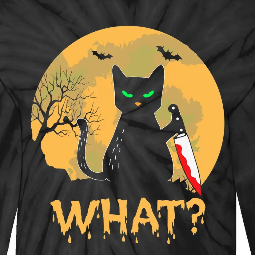 Cat What? Black Cat With Knife Halloween Costume Tie-Dye Long Sleeve Shirt