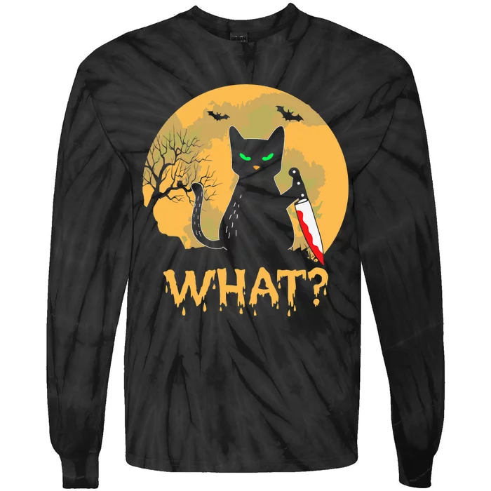 Cat What? Black Cat With Knife Halloween Costume Tie-Dye Long Sleeve Shirt