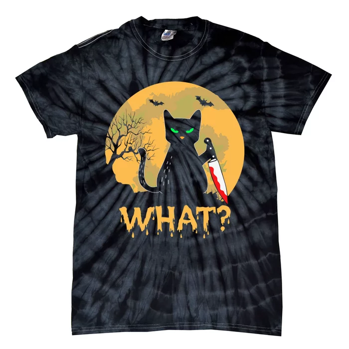 Cat What? Black Cat With Knife Halloween Costume Tie-Dye T-Shirt