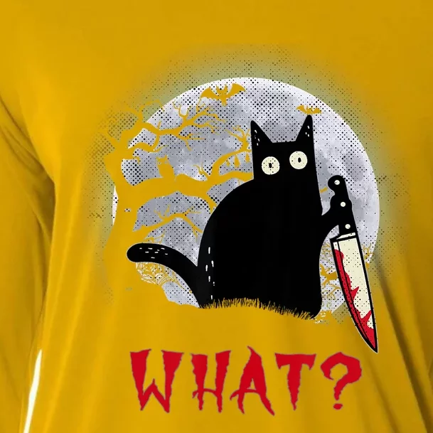 Cat What?Funny Black Cat With Knife Murderous Halloween Gift Cooling Performance Long Sleeve Crew