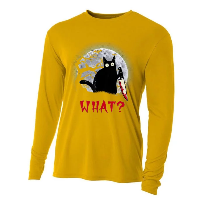 Cat What?Funny Black Cat With Knife Murderous Halloween Gift Cooling Performance Long Sleeve Crew