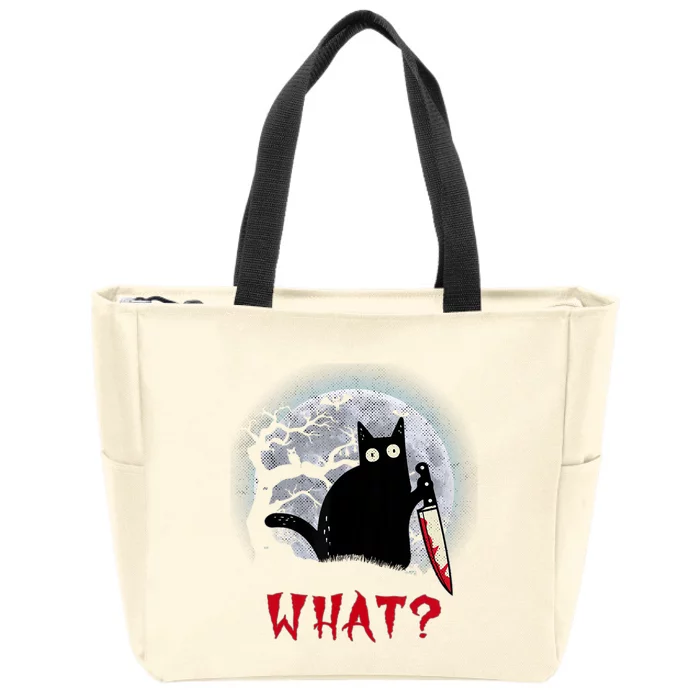 Cat What?Funny Black Cat With Knife Murderous Halloween Gift Zip Tote Bag