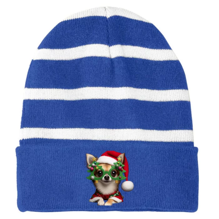 Chihuahua Wearing Christmas Tree Glasses Gift Striped Beanie with Solid Band