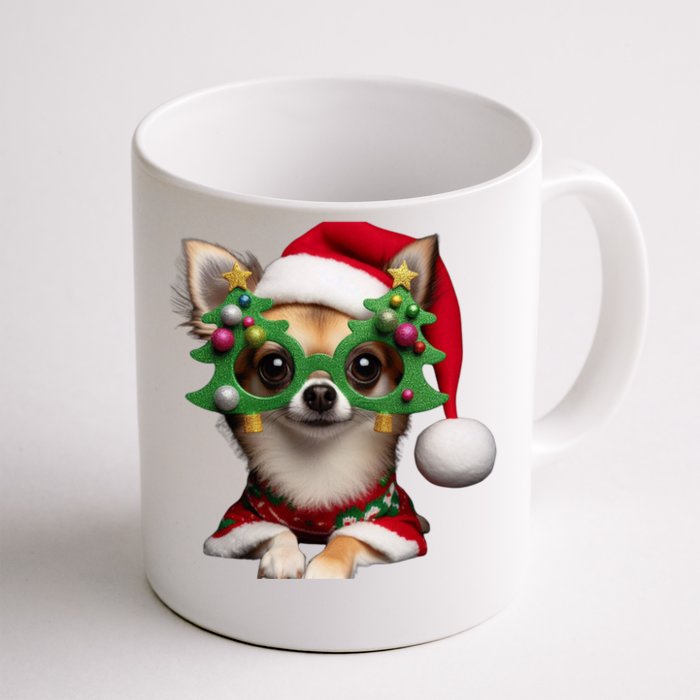 Chihuahua Wearing Christmas Tree Glasses Gift Front & Back Coffee Mug