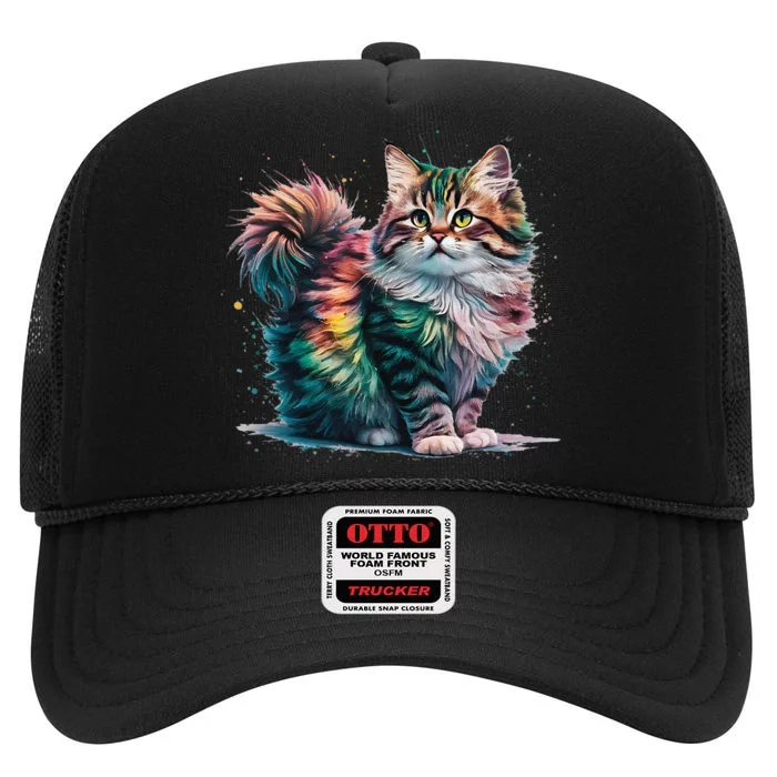 Cat Woman Colorful Watercolor Cat Gift High Crown Mesh Trucker Hat