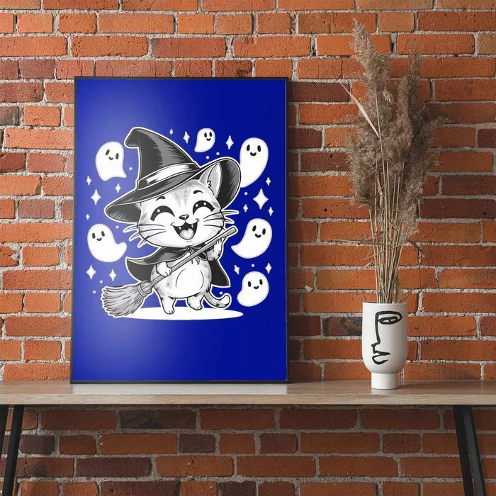 Cute Witch Cat Surrounded By Happy Ghosts Halloween Kitten Gift Poster