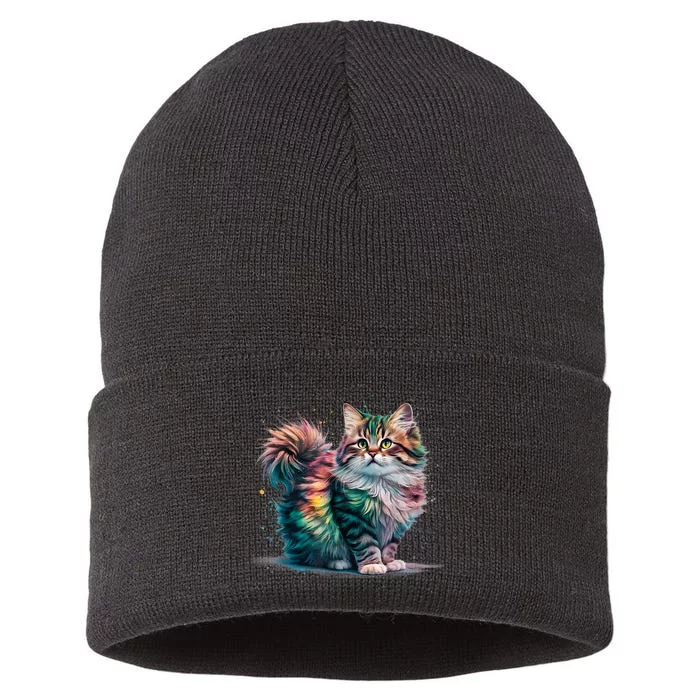 Cat Woman Colorful Watercolor Cat Sustainable Knit Beanie