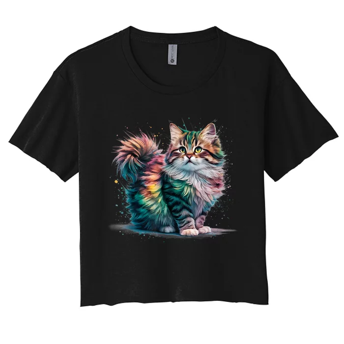 Cat Woman Colorful Watercolor Cat Women's Crop Top Tee