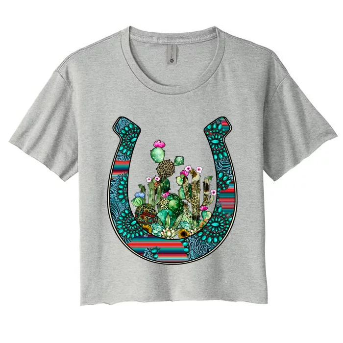 Country Western Cactus Sunflower Horseshoe Gift Women's Crop Top Tee