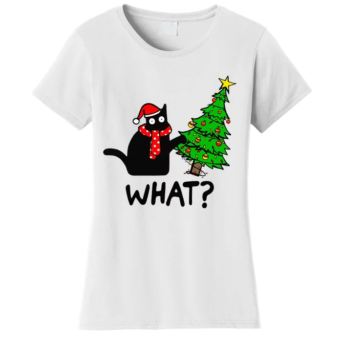 Cat What Christmas Tree Xmas Santa Funny Black Cat Christmas Women's T-Shirt